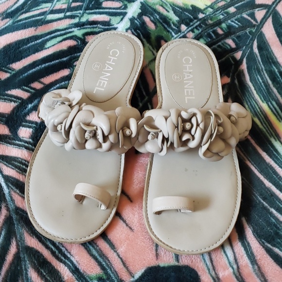 CHANEL Shoes - CHANEL Camellia Leather Floral Sandals Size 36/6